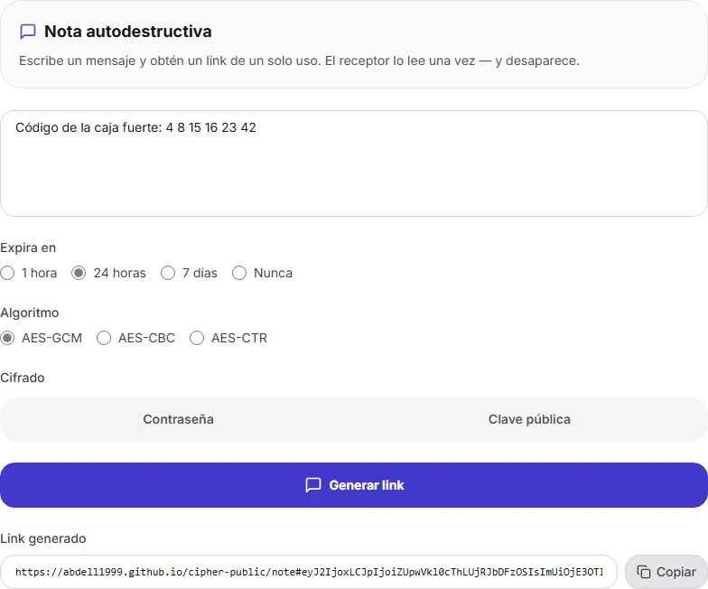 Una nota cifrada convertida en enlace que caduca