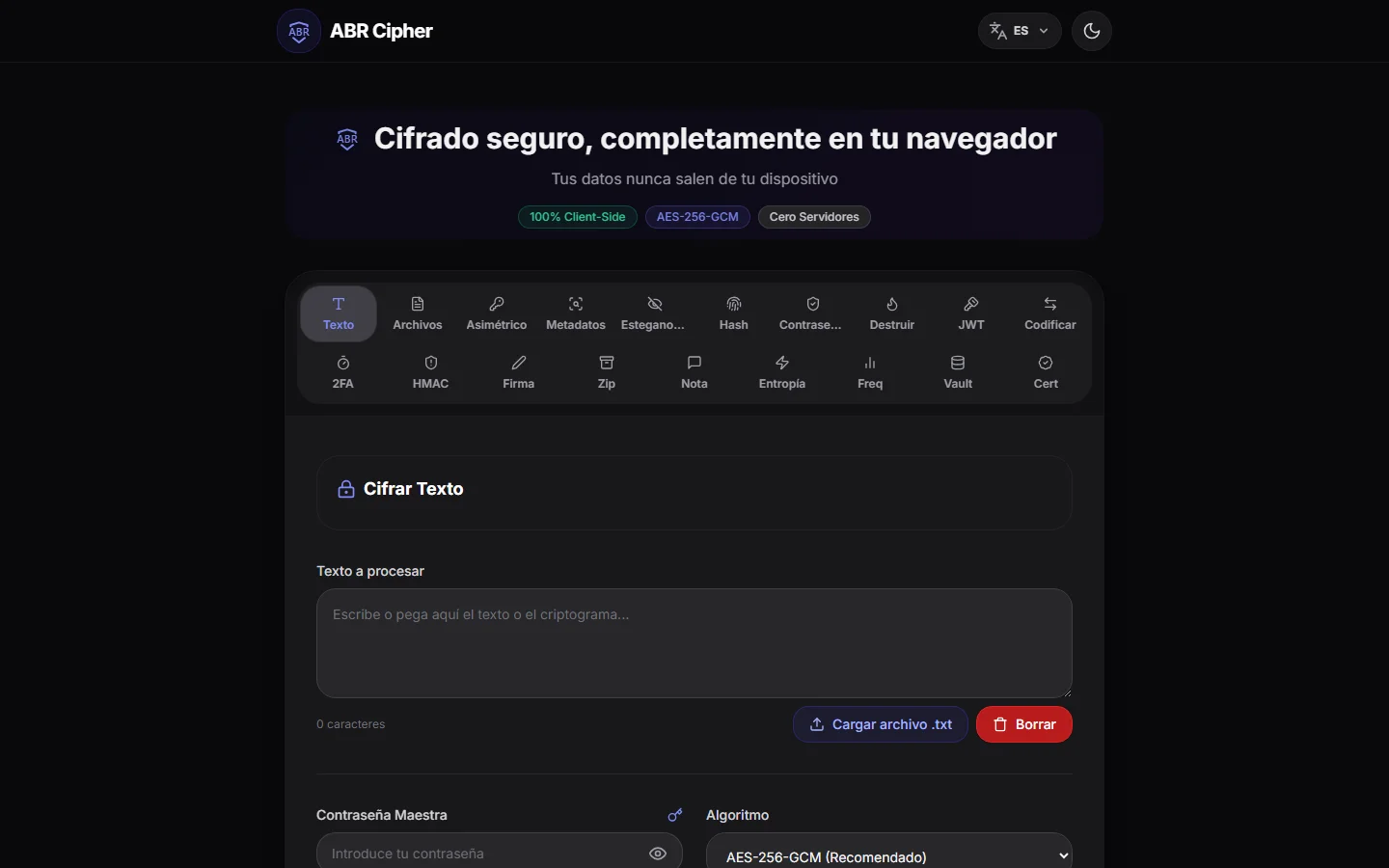 ABR Cipher en modo oscuro