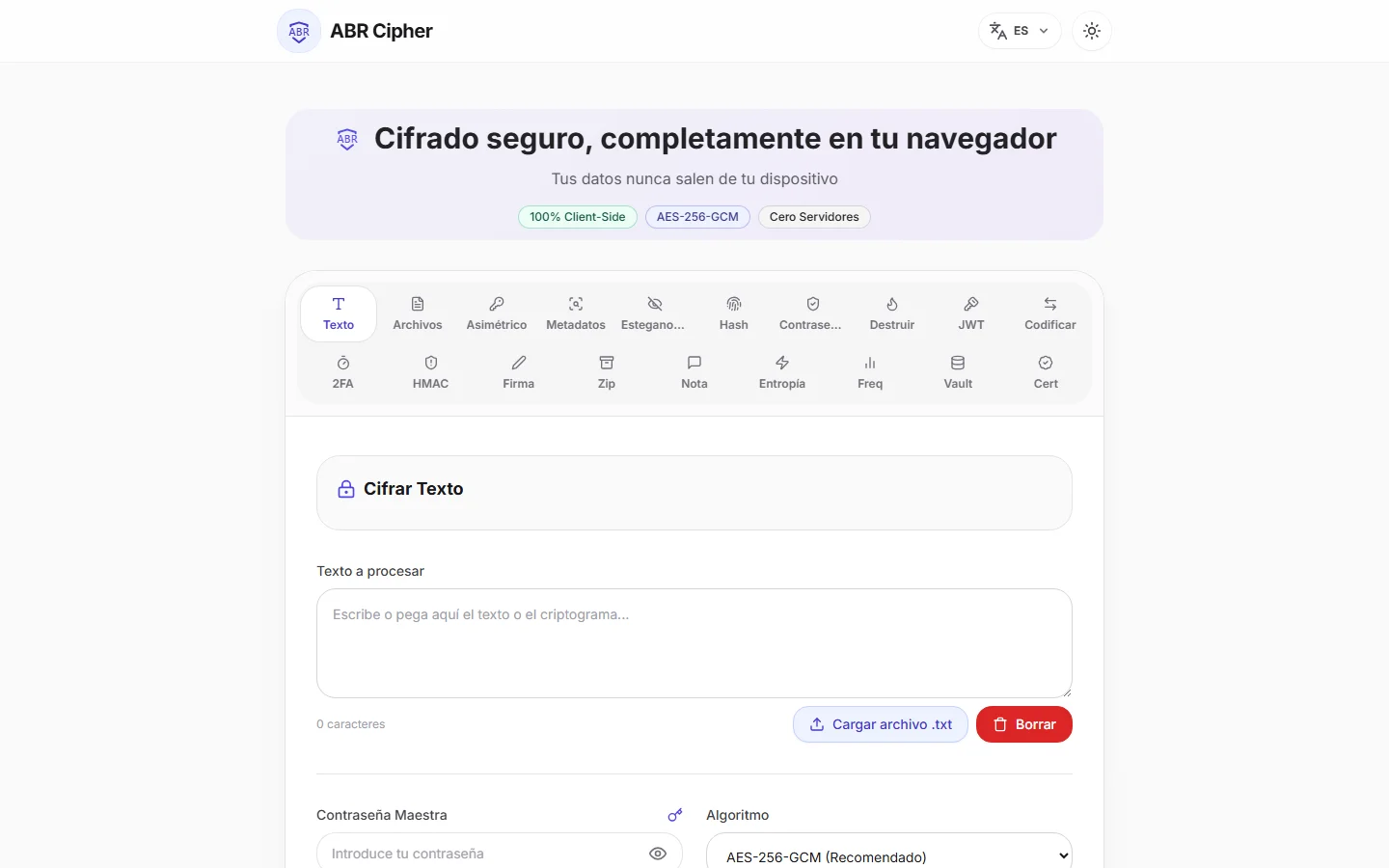 La portada de ABR Cipher con sus diecinueve módulos