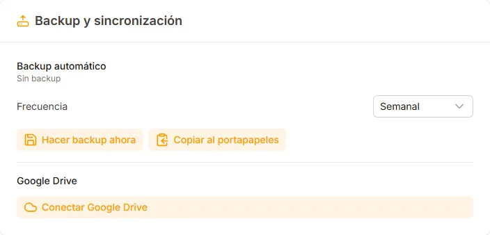 Ajustes de copia de seguridad y conexión con Google Drive