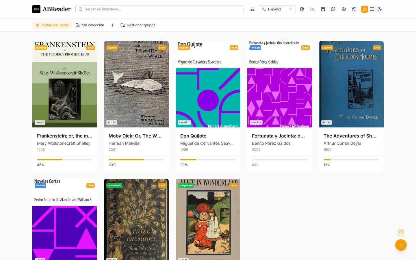 La biblioteca con portadas y progreso de lectura