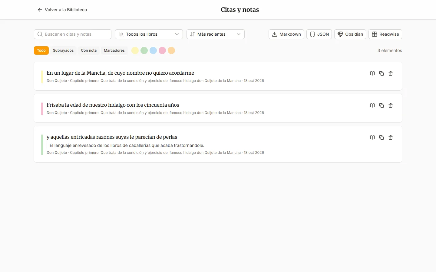 Página de citas y notas con exportación a varios formatos