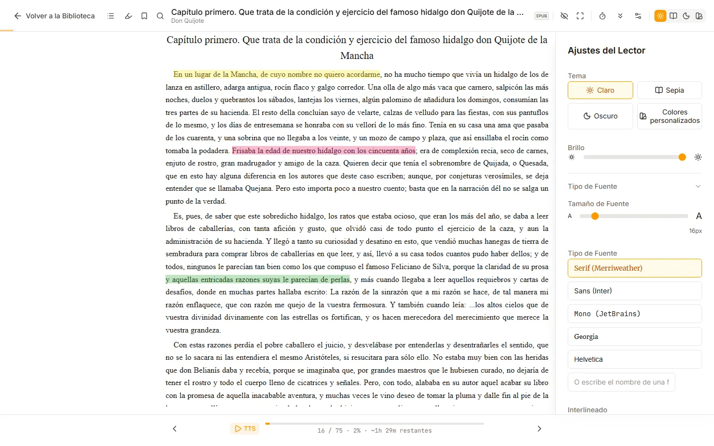 Panel de ajustes del lector