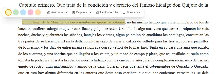Menú que aparece al seleccionar texto
