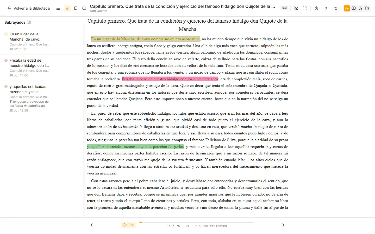 Panel lateral con los subrayados del libro