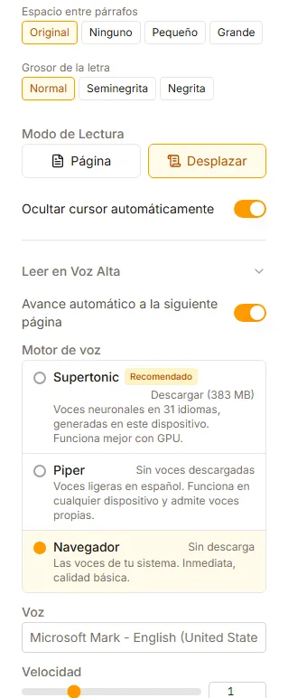 Ajustes de lectura en voz alta con los tres motores de voz