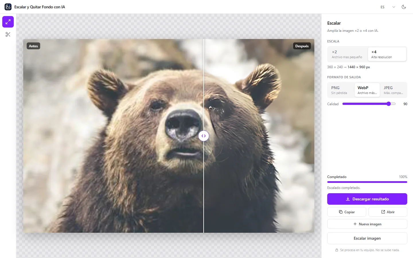 Elegir WebP y ajustar la calidad