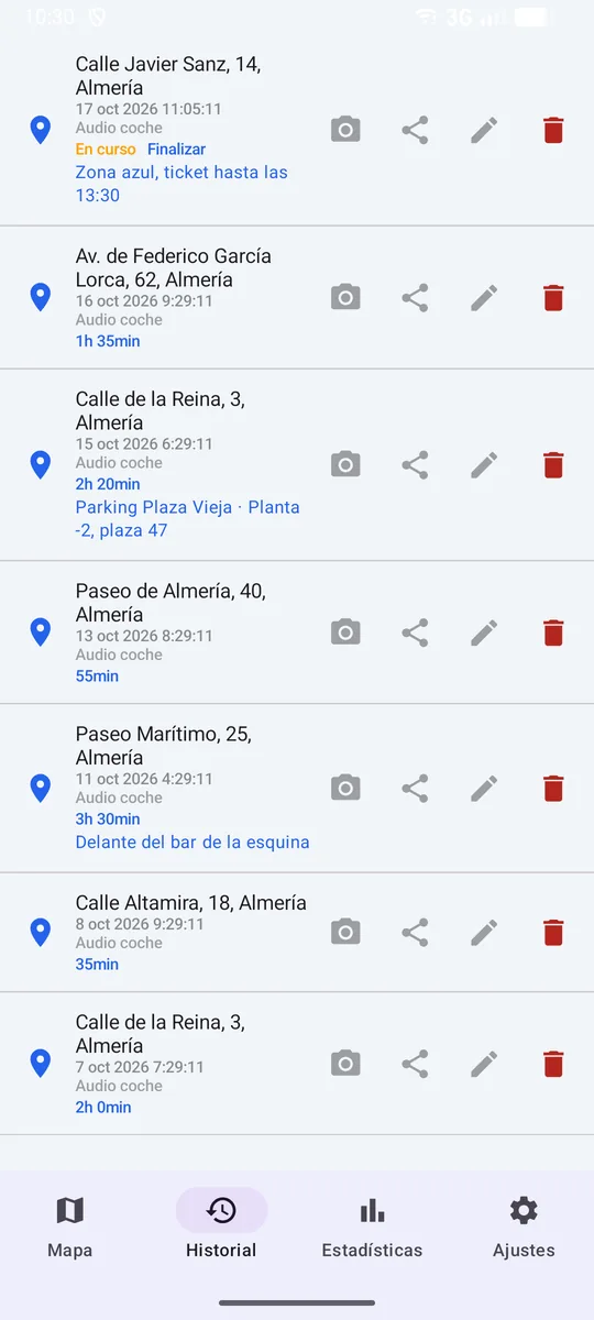 El historial de aparcamientos con fechas, duración y notas como la planta y la plaza del parking