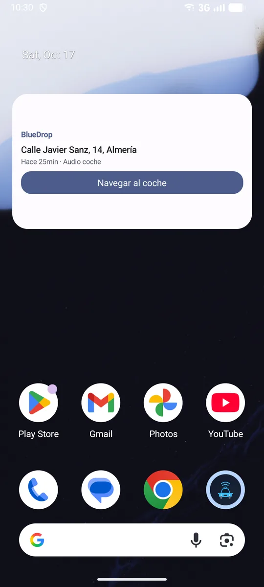 El widget de inicio con la dirección del coche y el botón Navegar al coche