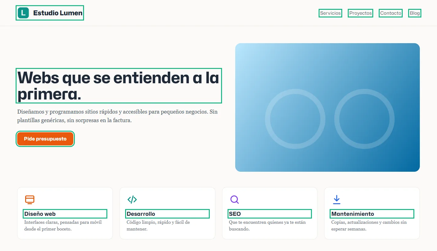 La web de demostración con los textos que usan la fuente Hubot Sans recuadrados en verde