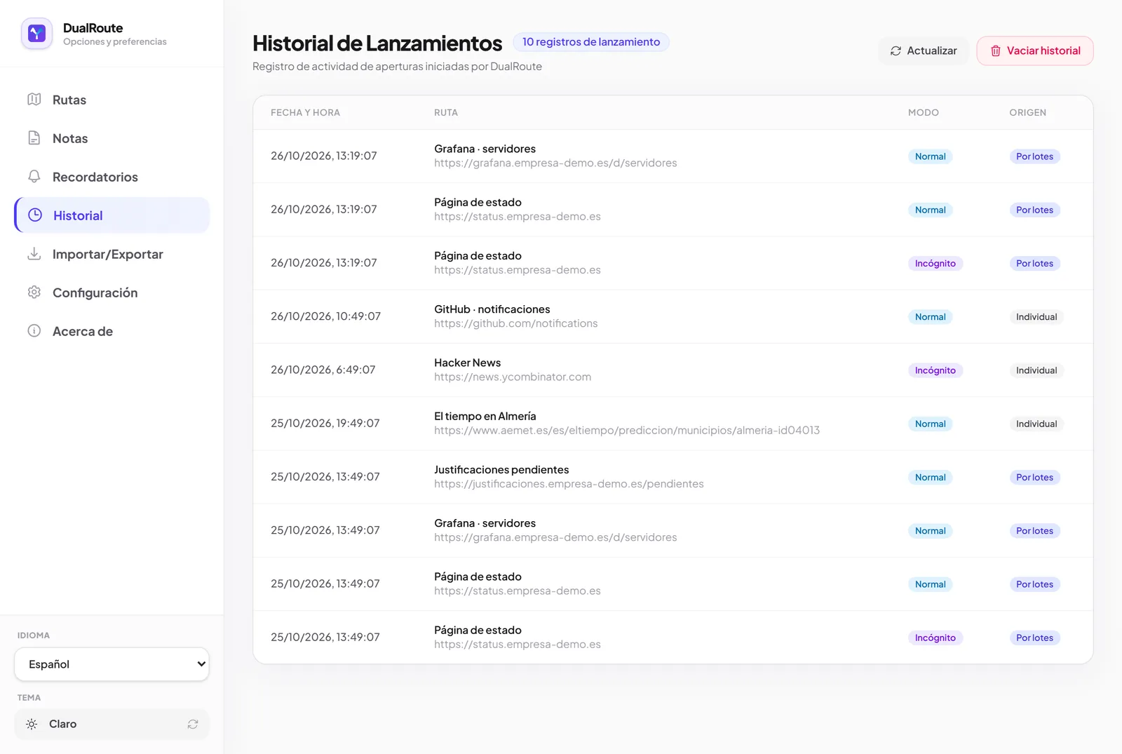 El historial de lanzamientos con la fecha, la ruta, el modo normal o incógnito y si se abrió sola o por lotes