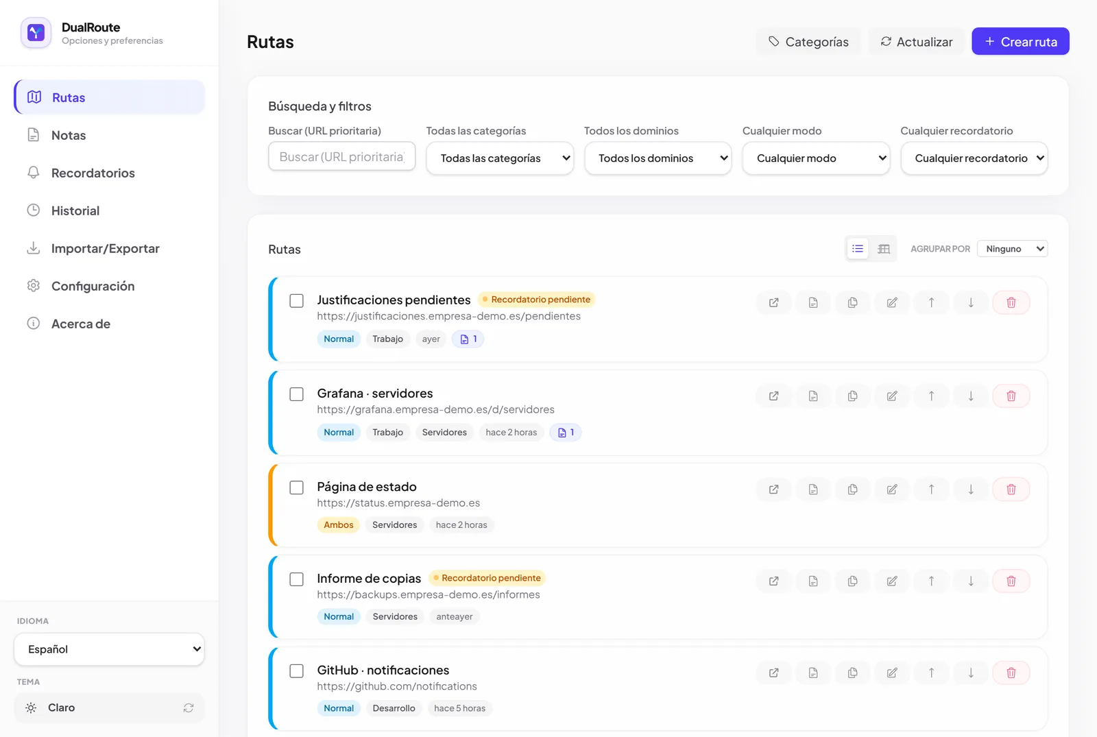El panel de rutas con búsqueda, filtros por categoría, dominio, modo y recordatorio, y la lista de rutas con sus acciones