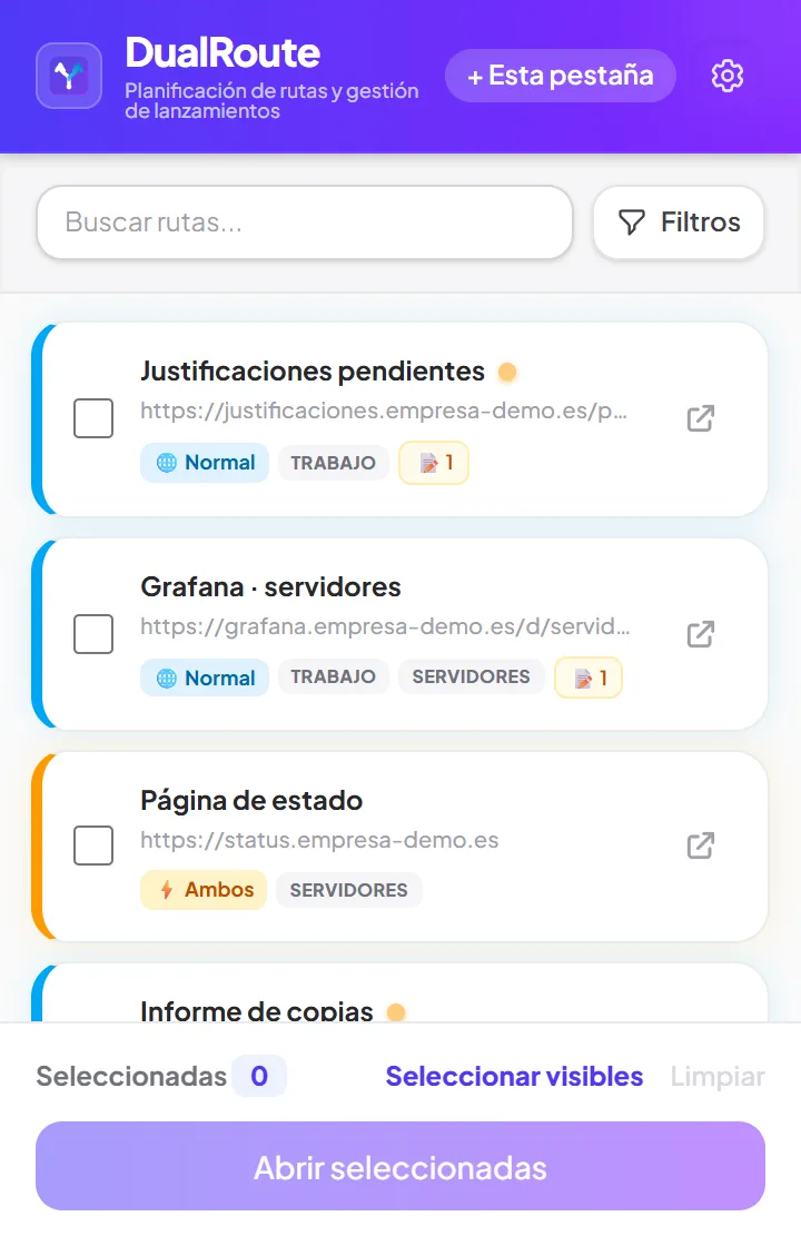 El popup de DualRoute con la lista de rutas, sus modos de apertura, categorías y un recordatorio pendiente