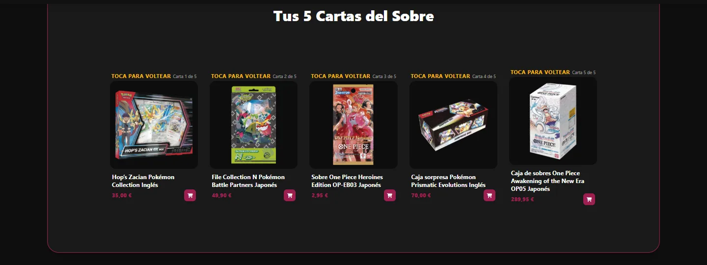 Las cinco cartas del sobre, que son productos de la tienda con su precio