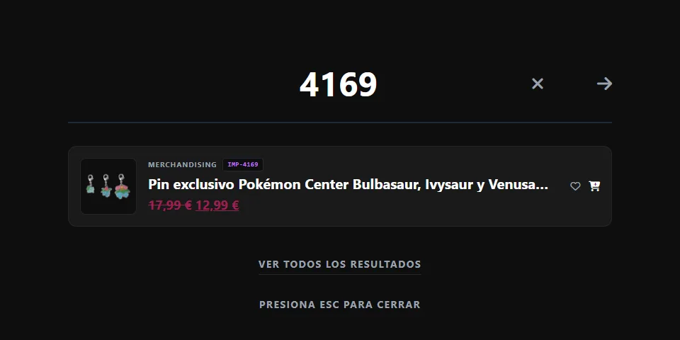 El buscador en vivo encontrando un pin por su SKU
