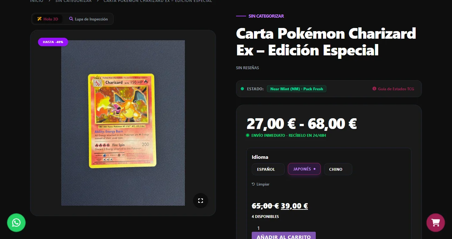 Una carta con variantes por idioma, con Japonés seleccionado y su precio rebajado