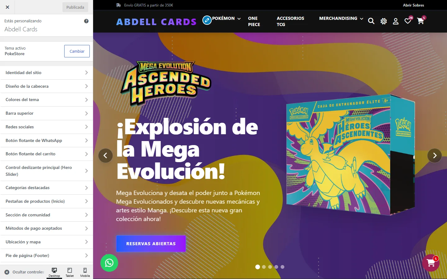 El Personalizador de WordPress con las secciones del tema y la tienda a la derecha