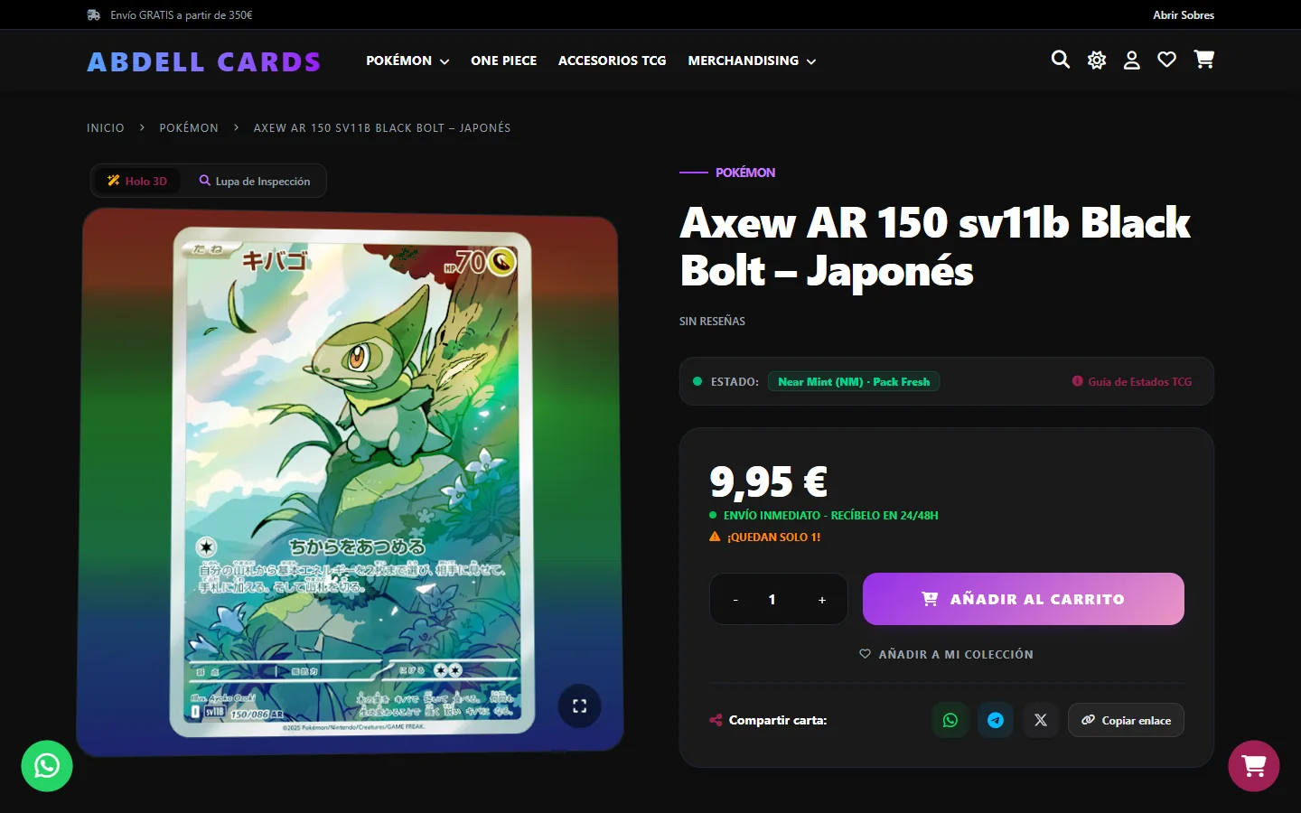 La ficha de una carta japonesa con el efecto holográfico activo y el estado Near Mint