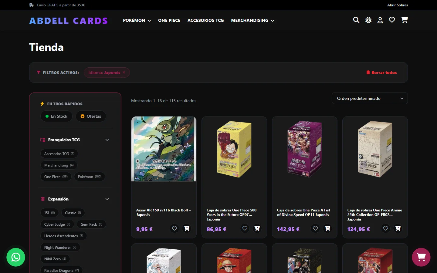 La tienda filtrada por idioma japonés, con el filtro activo arriba