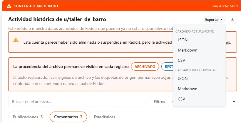 El menú Exportar con JSON, Markdown y CSV, tanto para lo cargado como para cargar todo y exportar