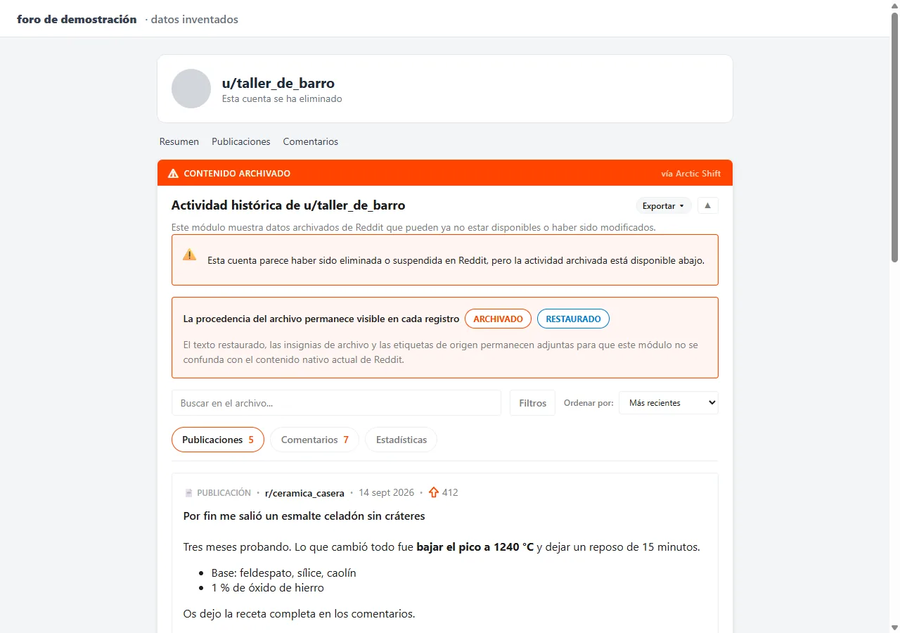 El panel de Reddit Archive sobre un perfil de demostración con una cuenta eliminada, mostrando sus publicaciones archivadas