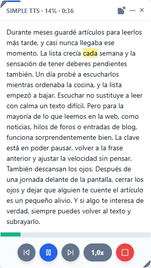 El reproductor flotante con el texto, el progreso, el tiempo restante y los controles