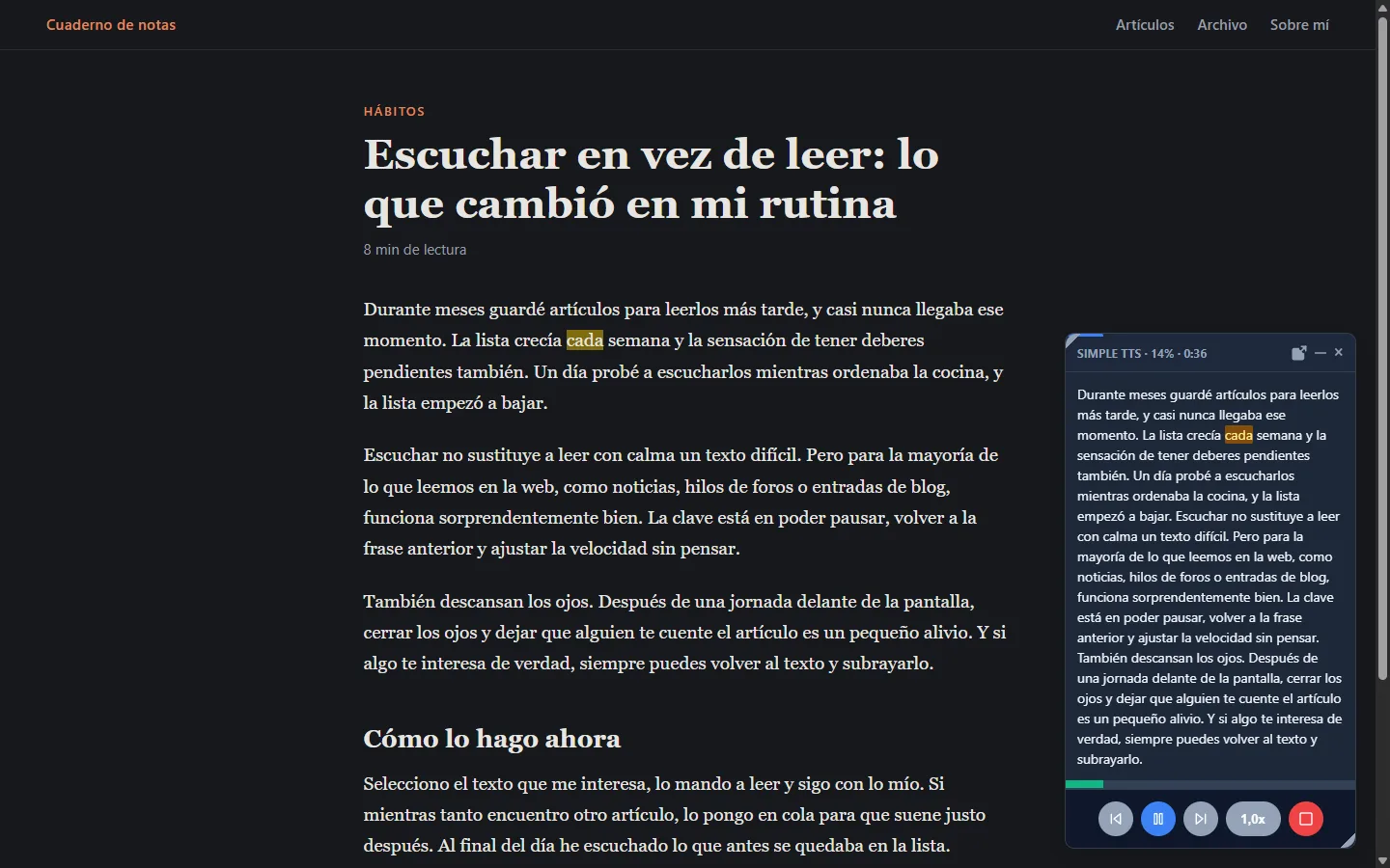 Simple TTS leyendo un artículo en modo oscuro