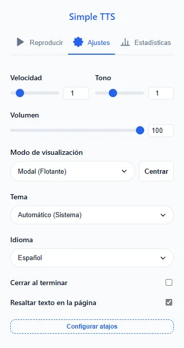 Los ajustes de velocidad, tono, volumen, modo de reproductor, tema e idioma