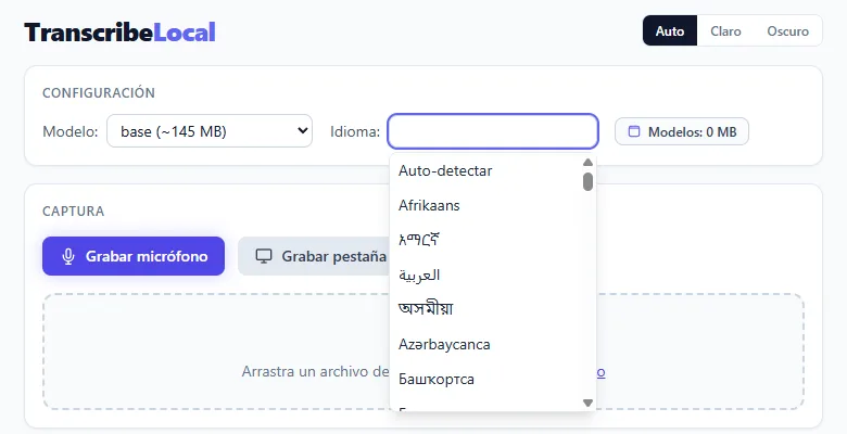 El selector de idioma abierto, con los idiomas en su propia escritura