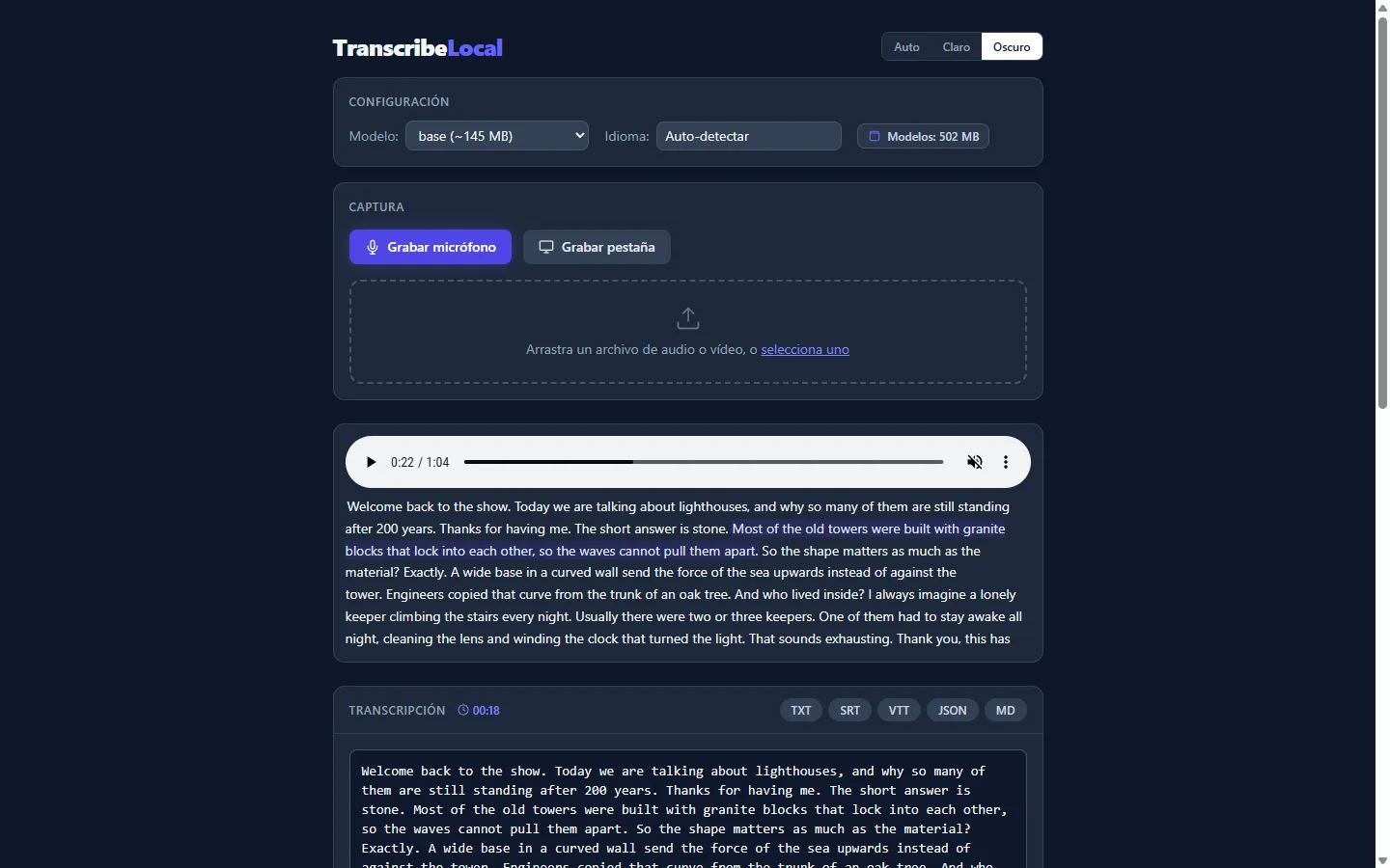 TranscribeLocal en modo oscuro
