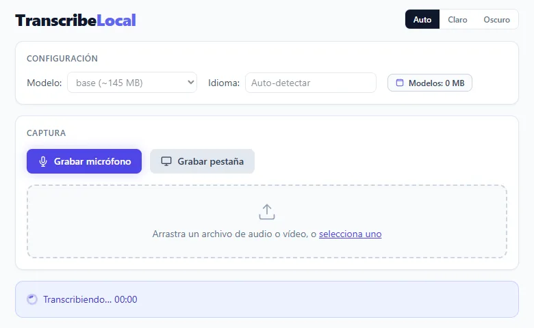 La app transcribiendo, con el contador de tiempo