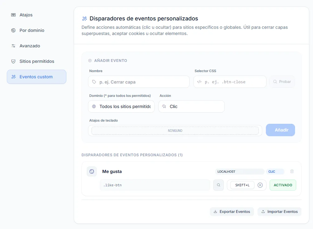 La pestaña de eventos personalizados con un evento "Me gusta" que pulsa el botón .like-btn con Shift + L