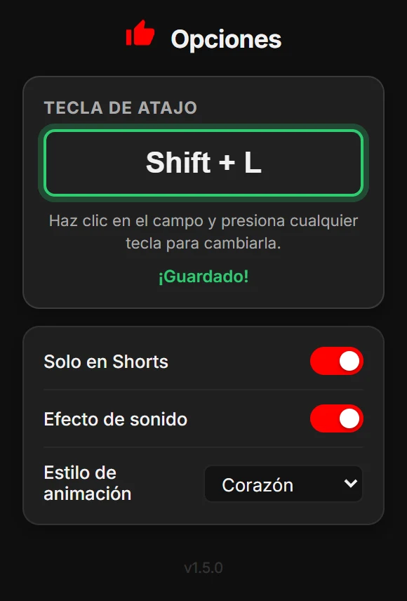 El atajo cambiado a Shift + L, con el modo solo Shorts y el sonido activados