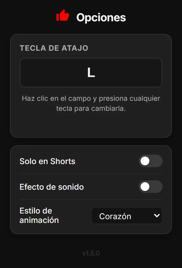 El panel de opciones, con la tecla L por defecto
